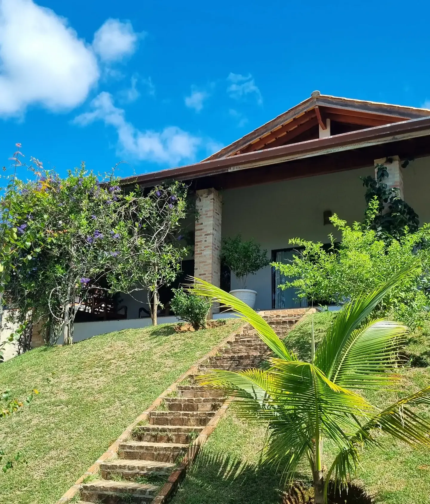A casa da Bang no alto do gramado, com a escada de tijolo